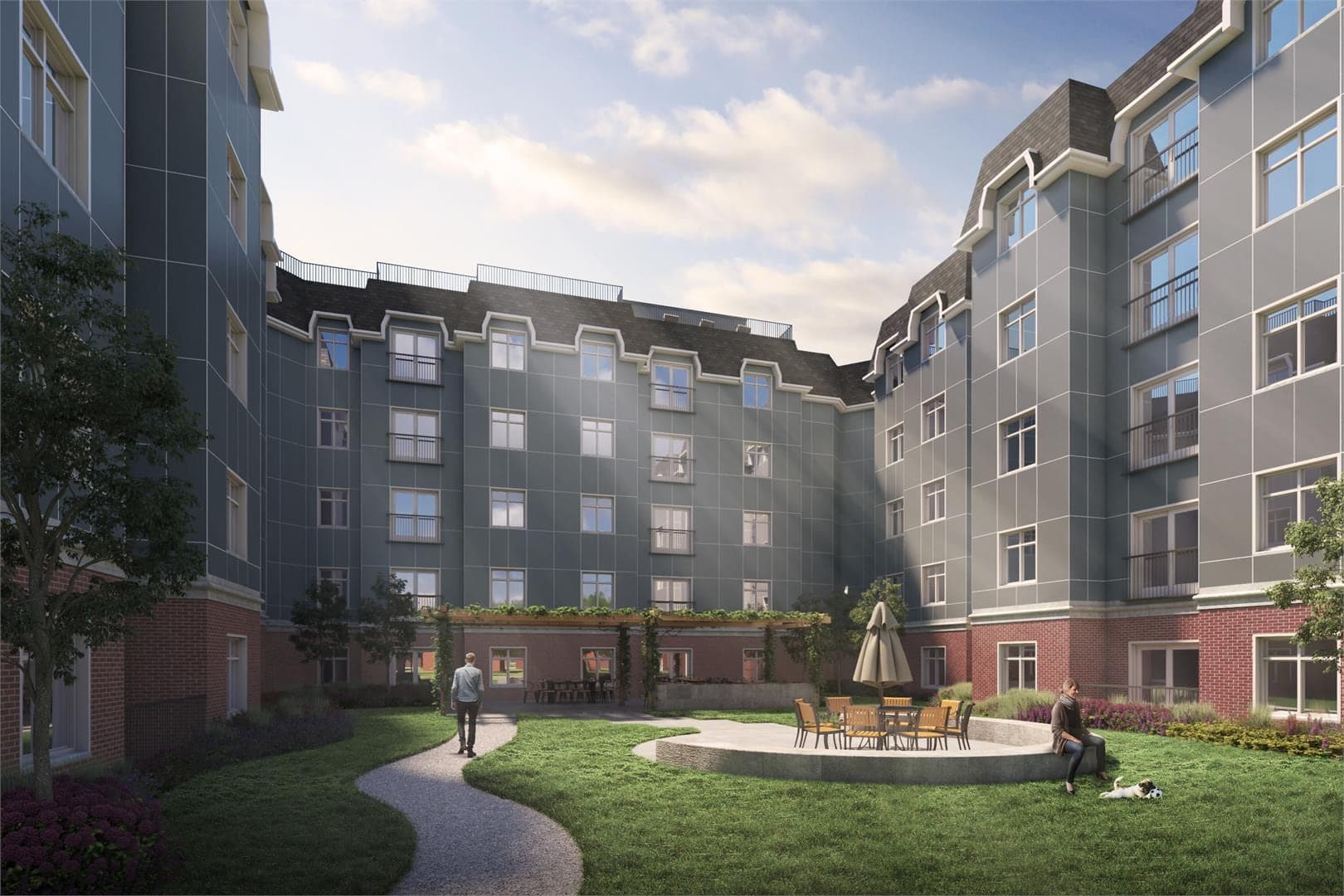 Architectural rendering of the central courtyard at The Frontenac, seen from the garden